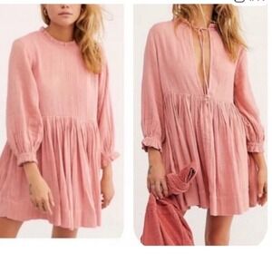 Free People Living For This Mini Dress Pink Cotton Gauze Boho Long Sleeve Medium